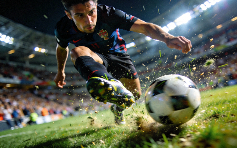 欧冠联赛足球比赛精彩瞬间 - 球员射门动作特写